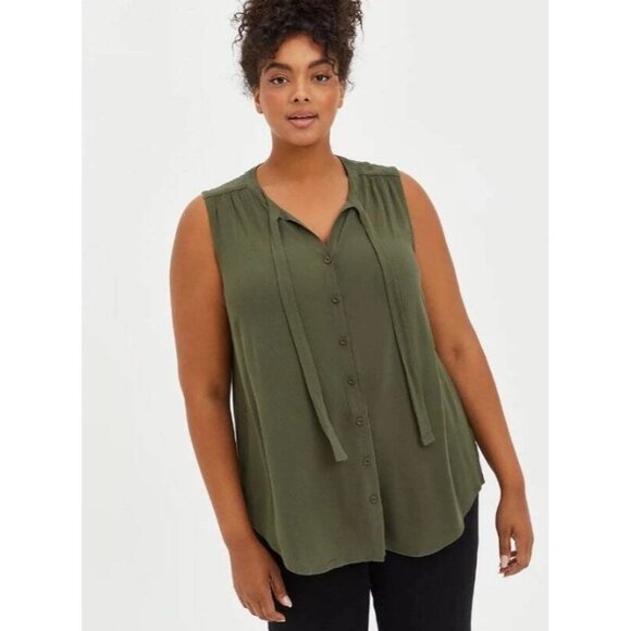 Torrid Womens Sleeveless Button-Front Olive Tie Neck Blouse Size 2 - Picture 3 of 11